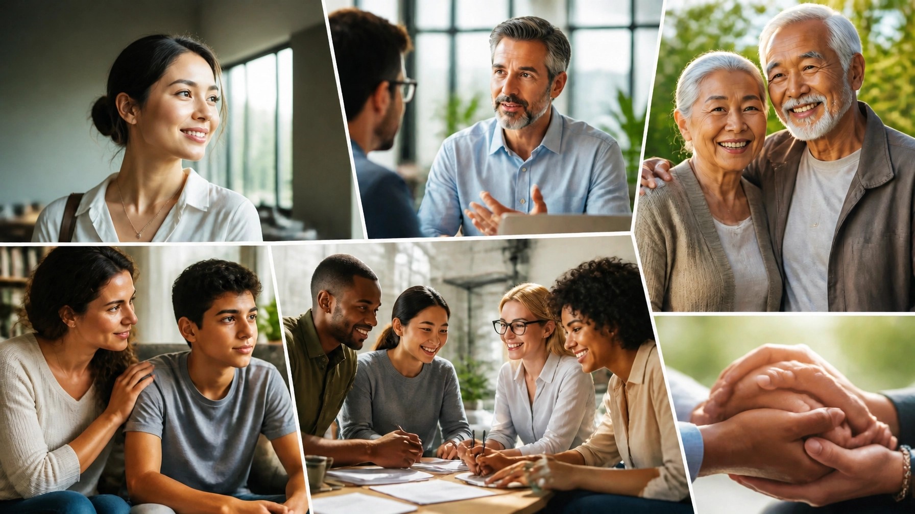 Diverse collage showing people across generations, families, professionals, and supportive coaching relationships.