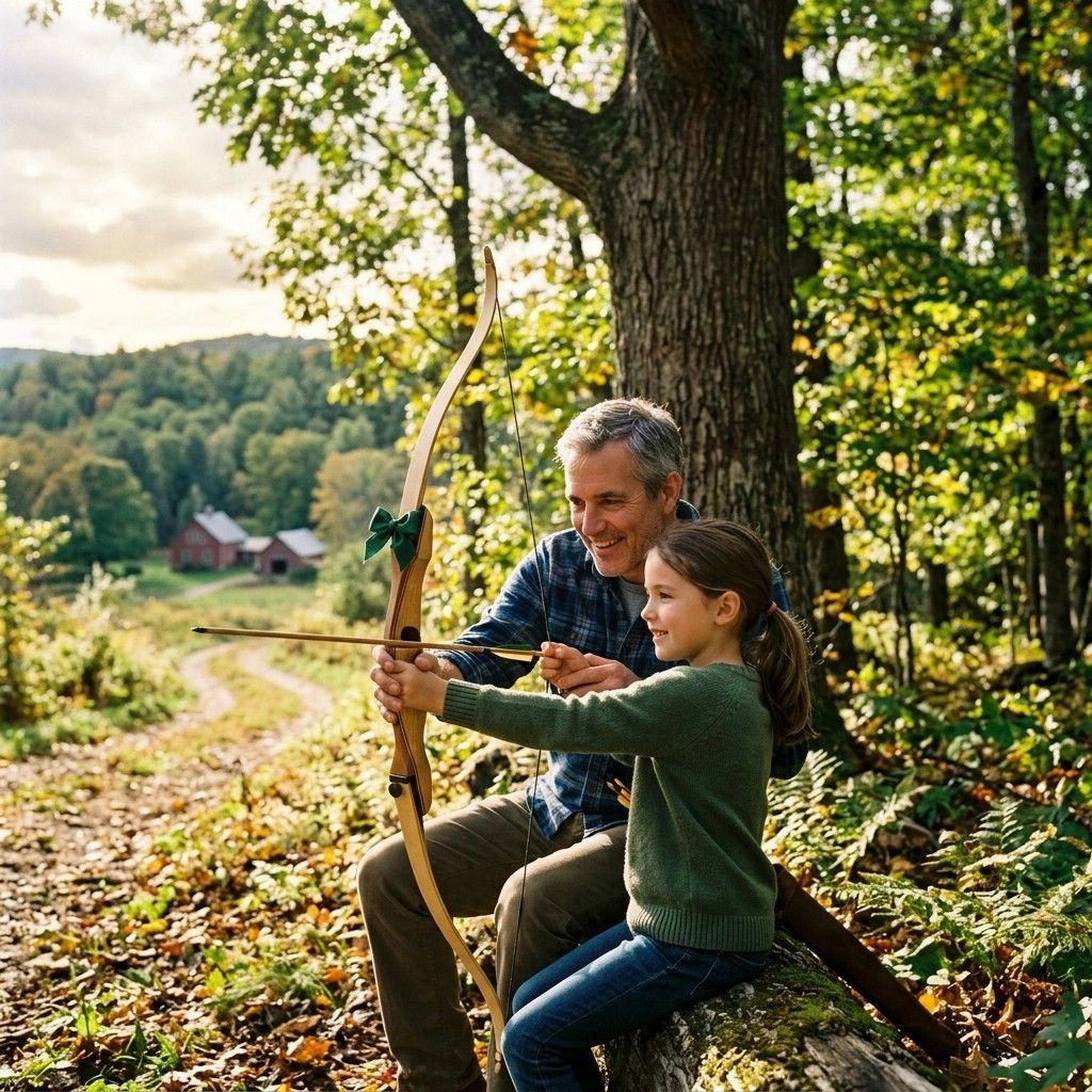 A nostalgic, warm-toned photograph of a father leaning down to patiently teach his young daughter how to hold a bow and arrow, symbolizing the quiet guidance, focus, and life lessons passed from one generation to the next.