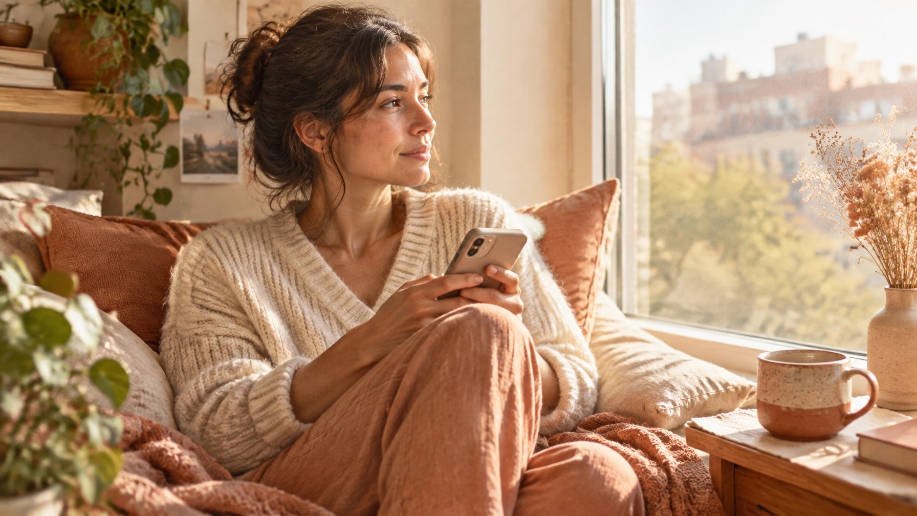 Young woman taking a quiet reflective moment with her phone and mug by a sunlit window