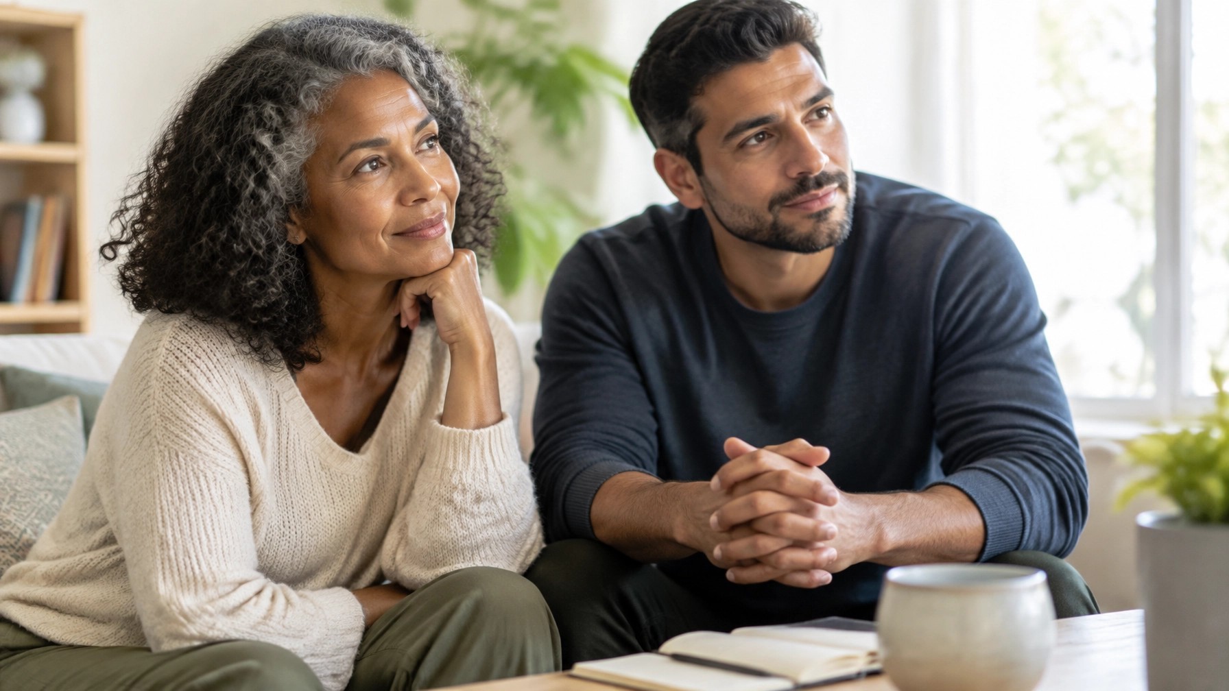 A man and woman of different ages reflecting together during a thoughtful pause between life chapters. Caption: "Sometimes clarity begins when we pause and reflect together.