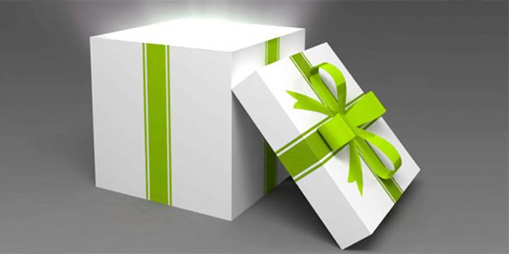 A white gift box tied with a bright green ribbon, slightly open to reveal a glowing light within.