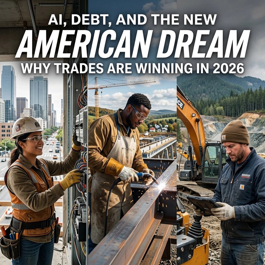 A split-screen visual contrasting a glowing blue digital AI network with a collection of rugged, physical trade tools, representing the choice between the tech bubble and the "New American Dream."
