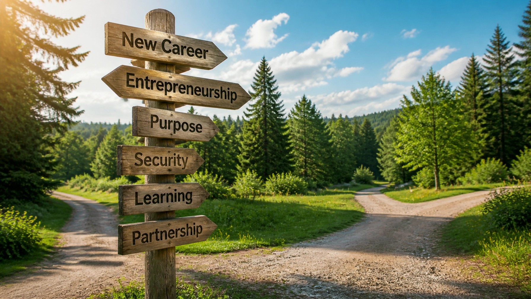 A bright outdoor crossroads with wooden directional signs pointing toward new career, entrepreneurship, purpose, security, learning, and partnership.
