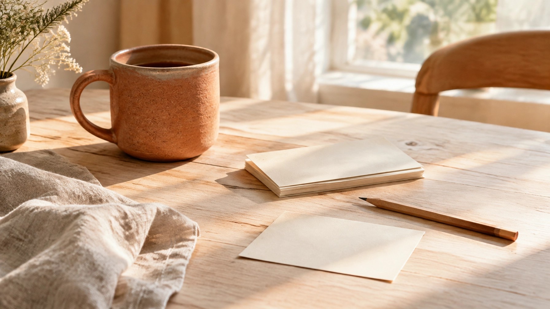 A terracotta mug and blank cards on a sunlit table, with one card set apart for consideration
