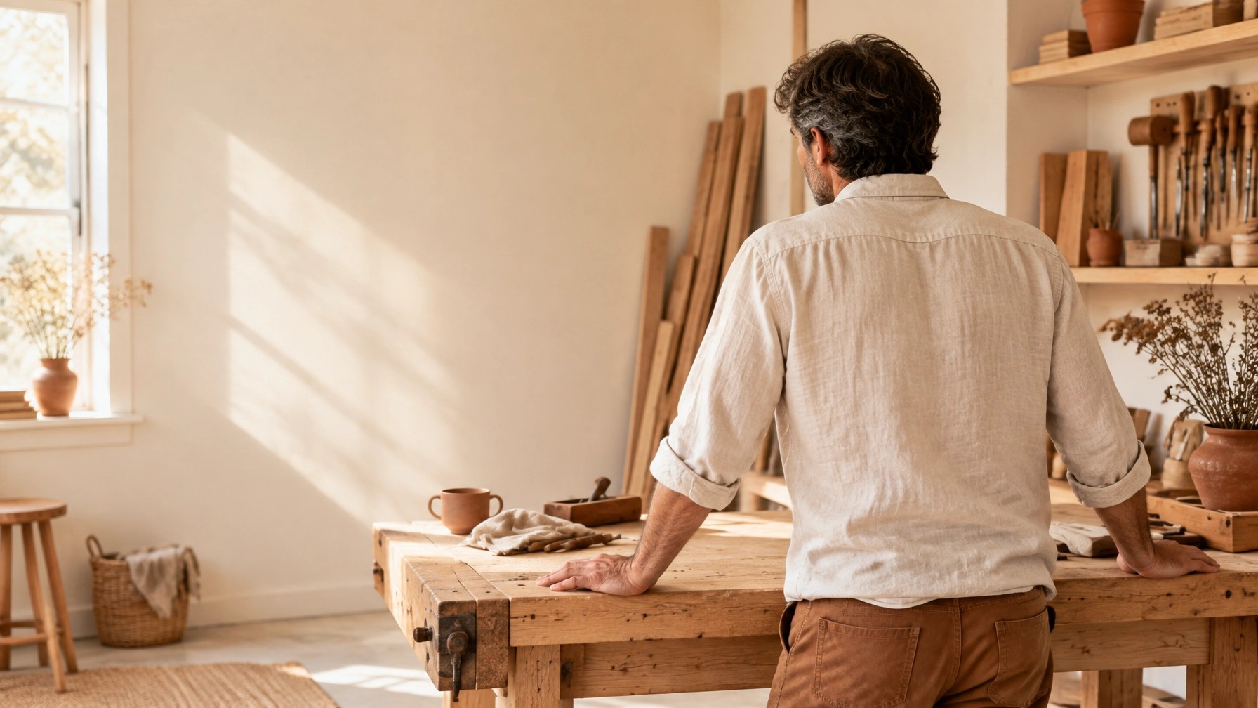  A man in his fifties pauses thoughtfully at a workbench in a sunlit workshop.