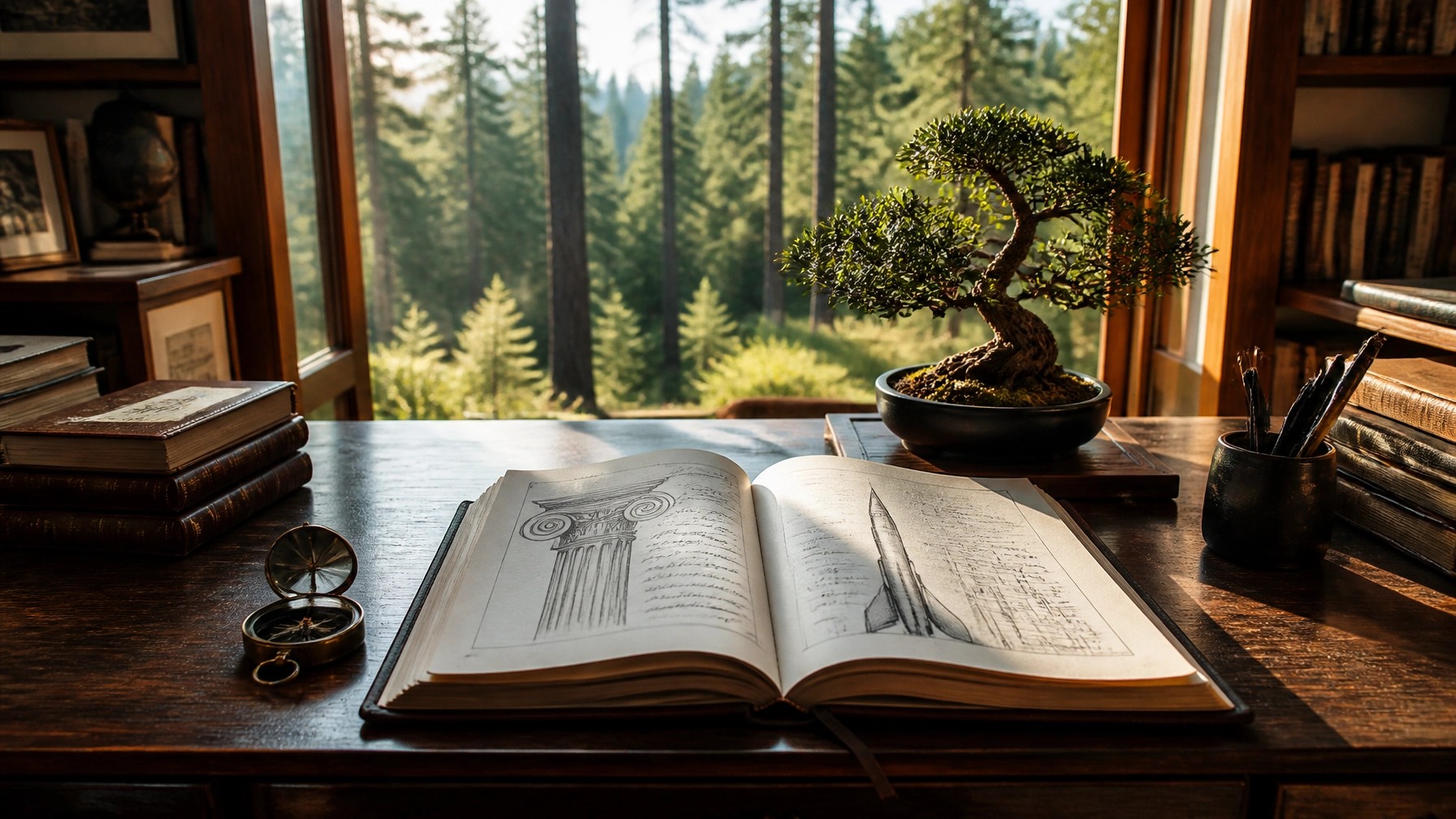 A sun-drenched study overlooking a serene forest with an open journal showing sketches of a Greek pillar and a rocket, next to a Japanese bonsai tree.