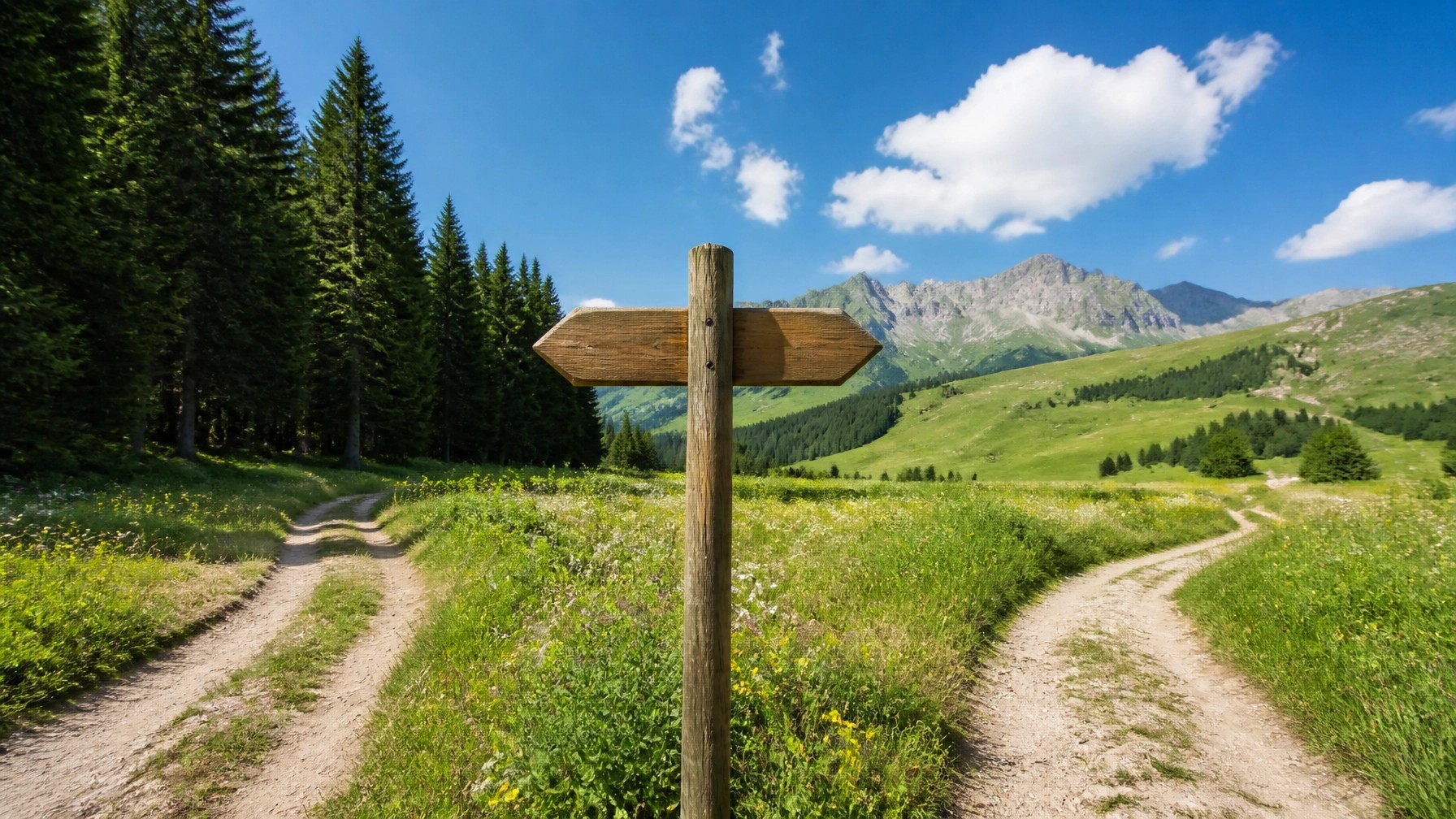 A beautiful summer afternoon at a crossroads in a lush meadow, symbolizing the mid-year point of choice and transition.