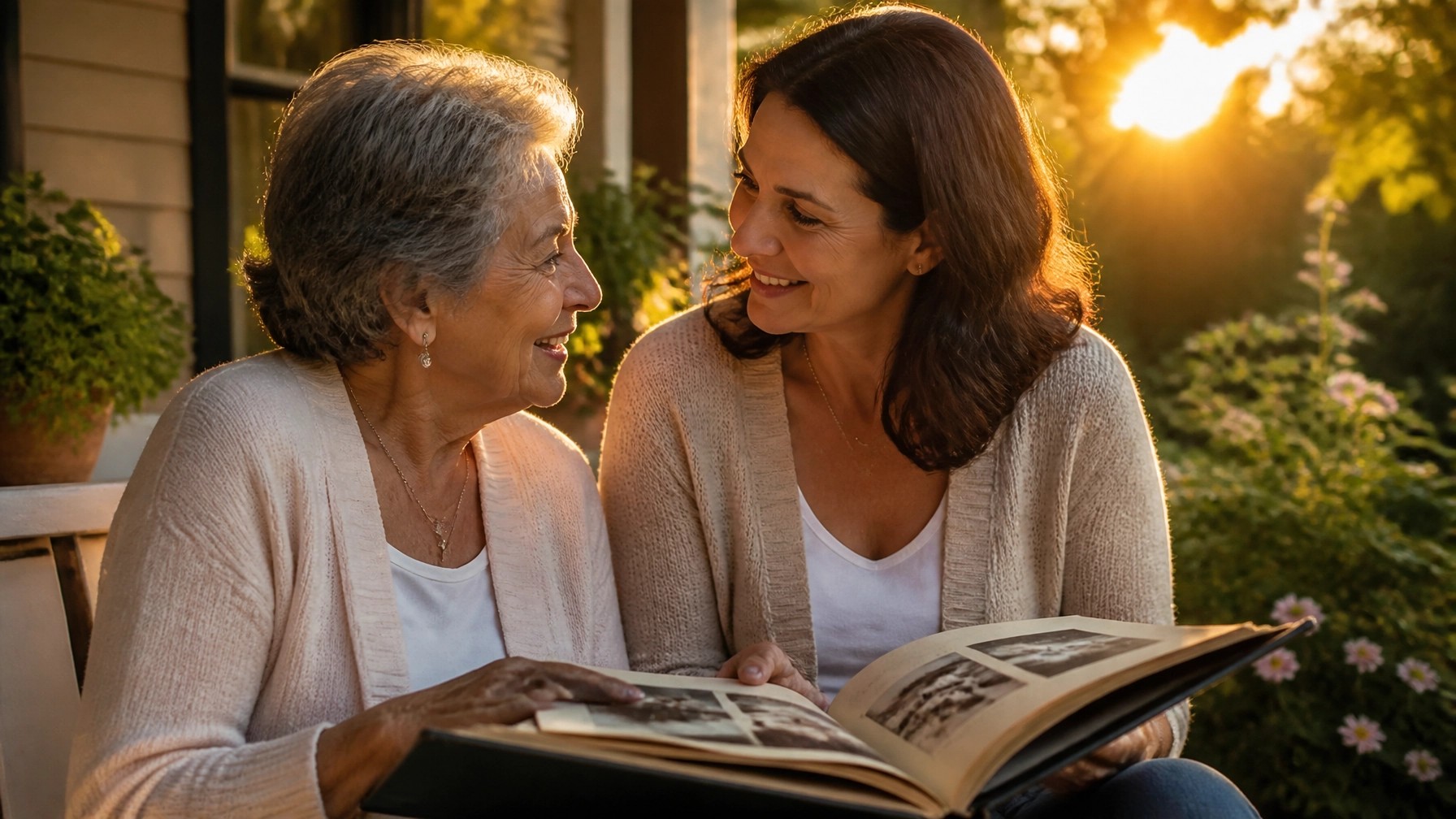 A warm, realistic photo of an elderly woman and her adult daughter sitting together on a garden bench, smiling as they look through a vintage photo album at sunset.