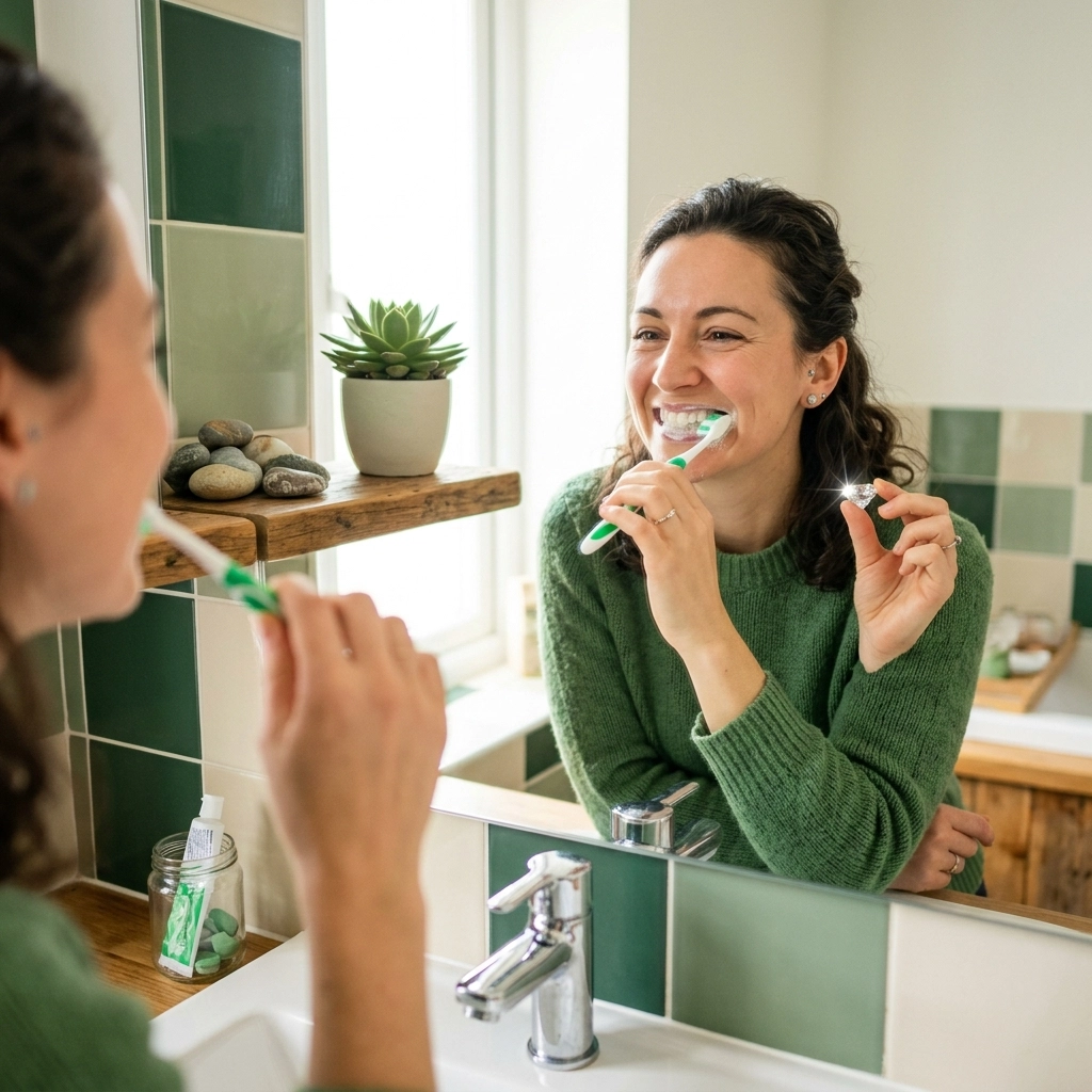 A woman looking thoughtfully at her reflection in a mirror, bathed in soft morning light, practicing a moment of self-appreciation.
