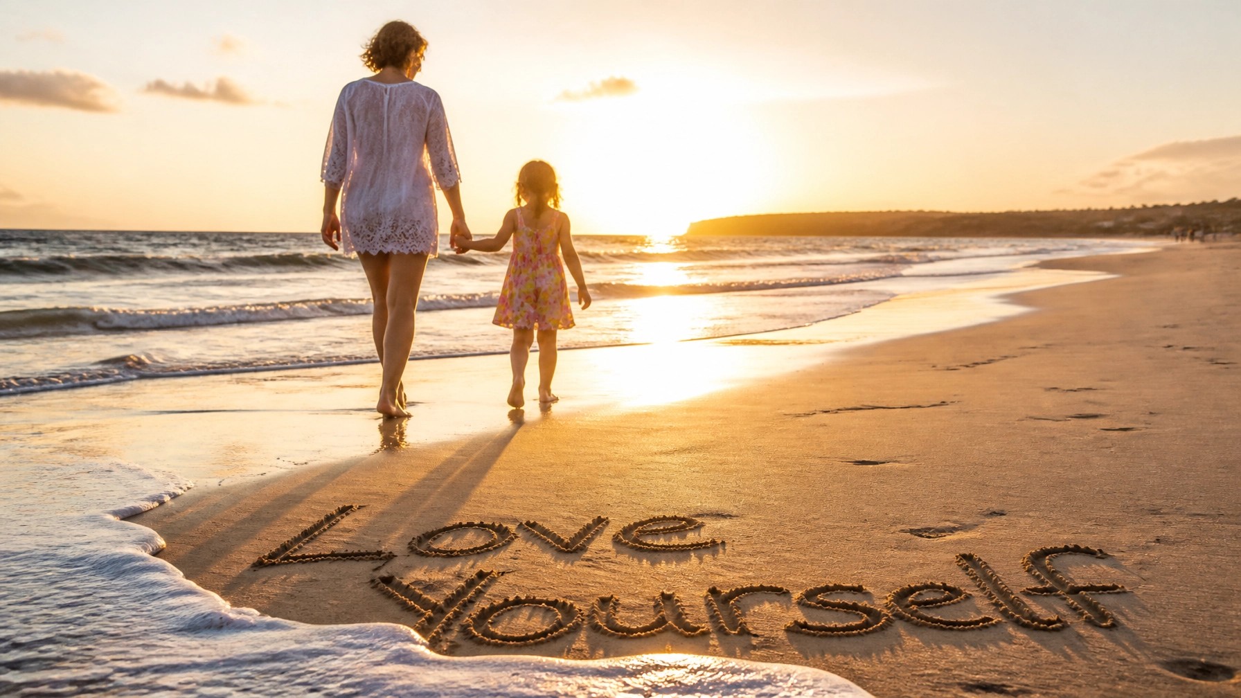 a mature woman and her five-year-old granddaughter walking along a sun-drenched beach at sunset, with the words "love yourself" written in the sand as a gentle wave approaches.