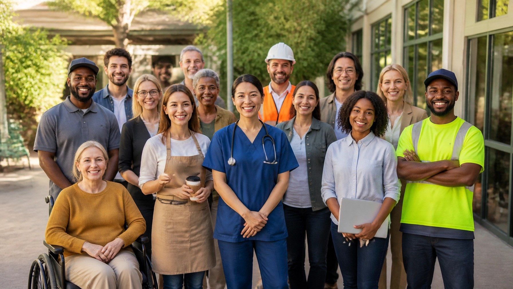 A diverse group of everyday workers and community members gathered in warm natural light for a Labor Day reflection." Caption: "Our lives are built on the work of many hands.