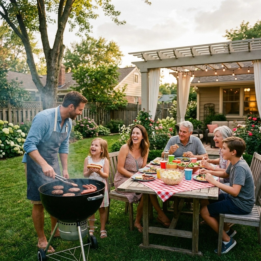  A vibrant summer barbecue scene with a grill and fresh food, representing a balanced and stress-free family gathering.