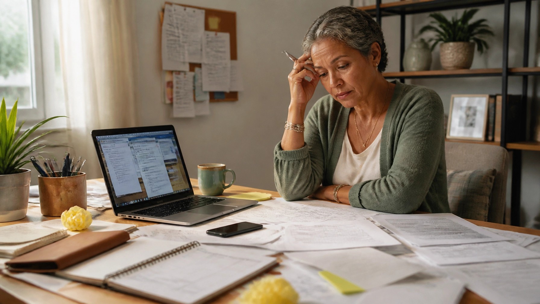Overwhelmed job seeker reviewing scattered résumés and notes at a cluttered desk