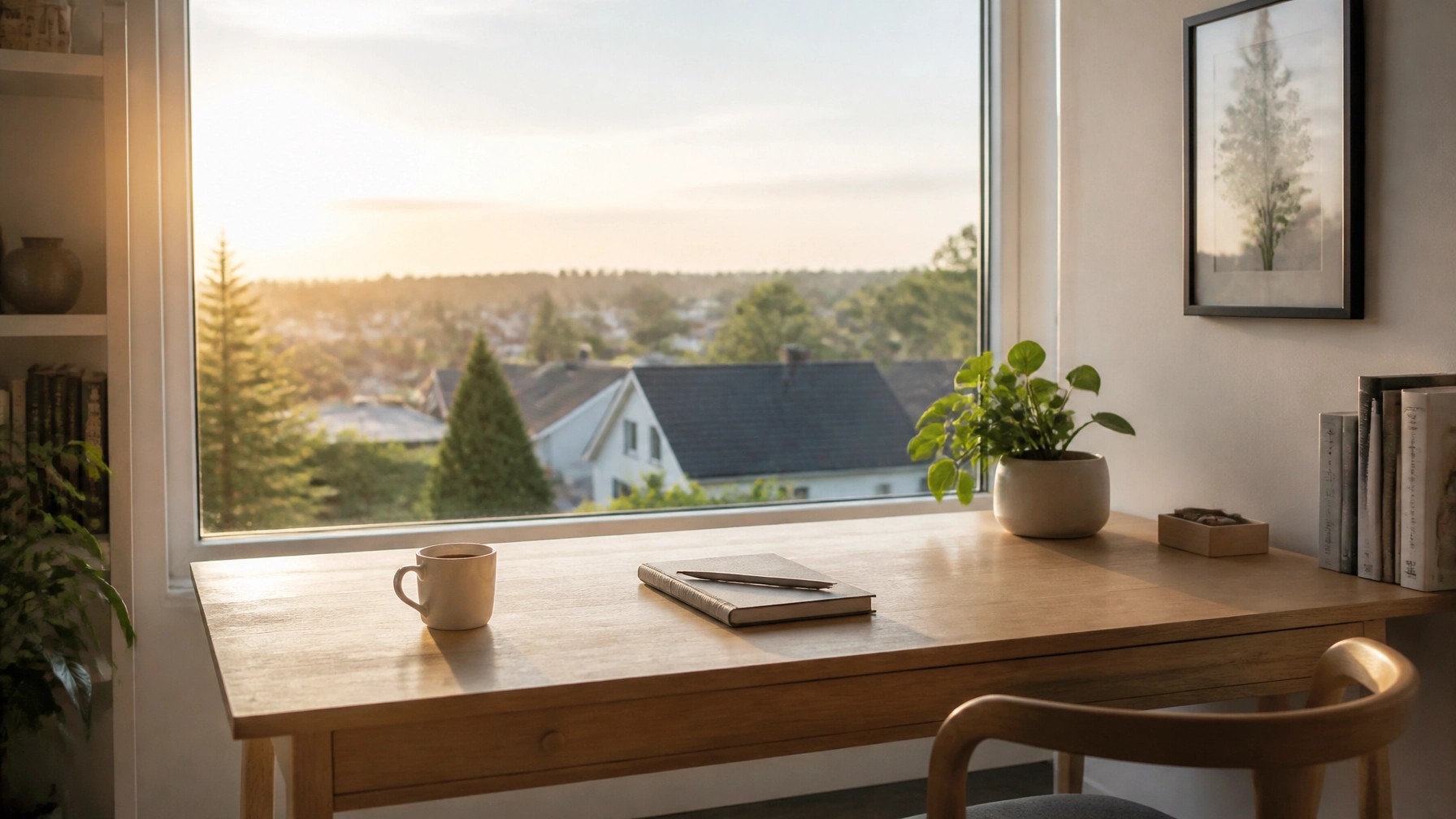 A serene, minimalist wooden desk by a window overlooking a sunlit neighborhood, with a cup of coffee and a closed notebook.