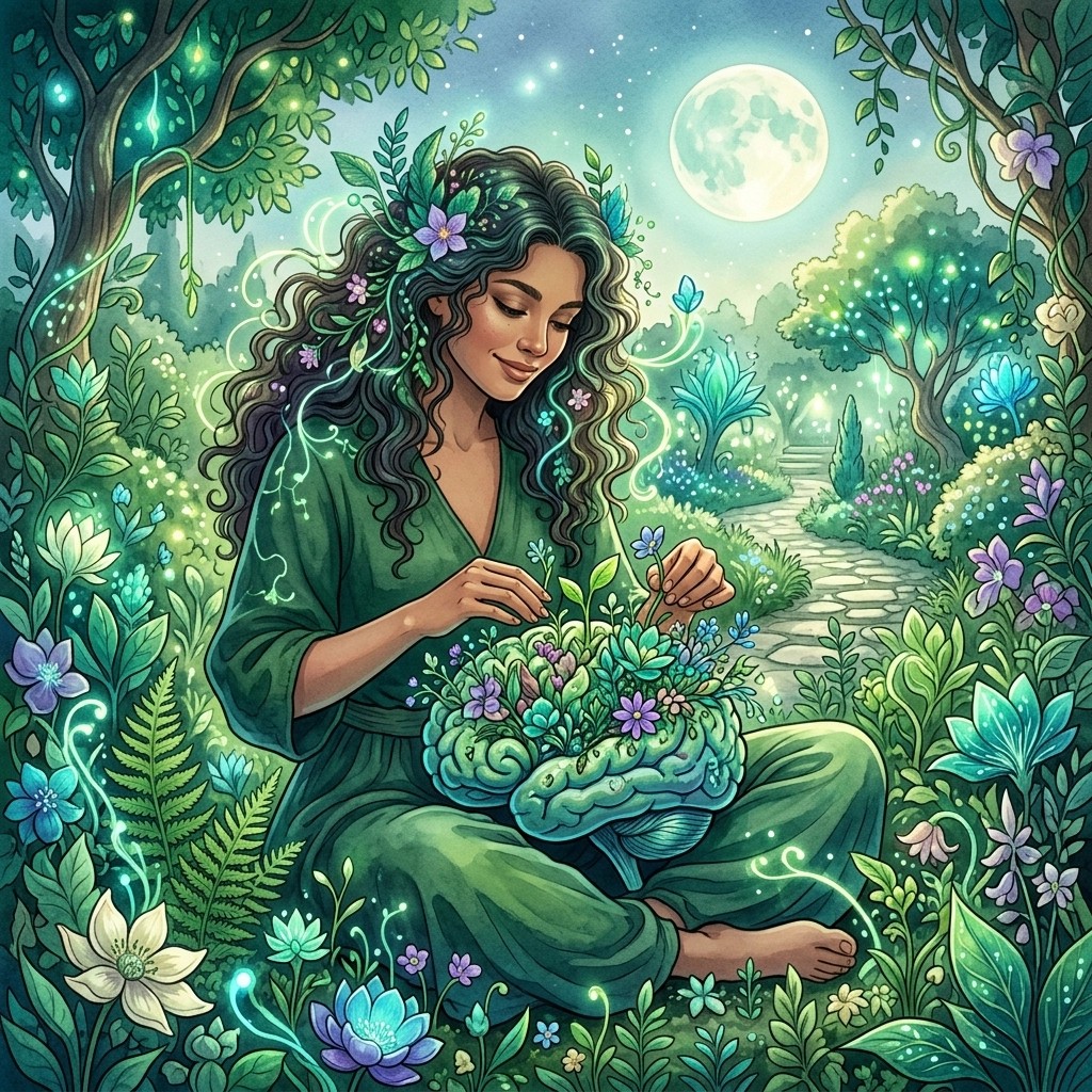 A vibrant, sun-drenched garden with blooming jasmine and lush greenery, symbolizing a thriving mental landscape.