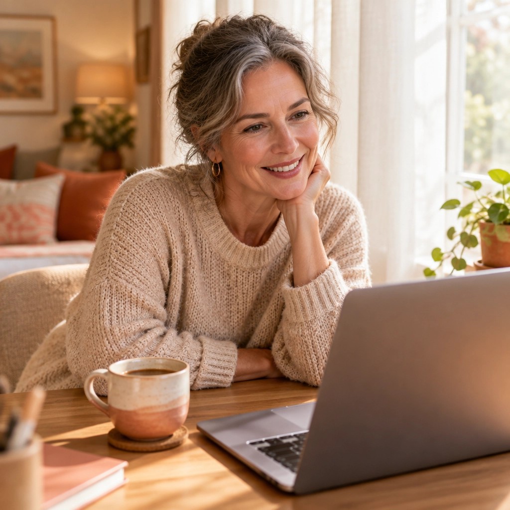 A woman smiling warmly on a video call at a sunlit desk with a mug of coffee beside her.
