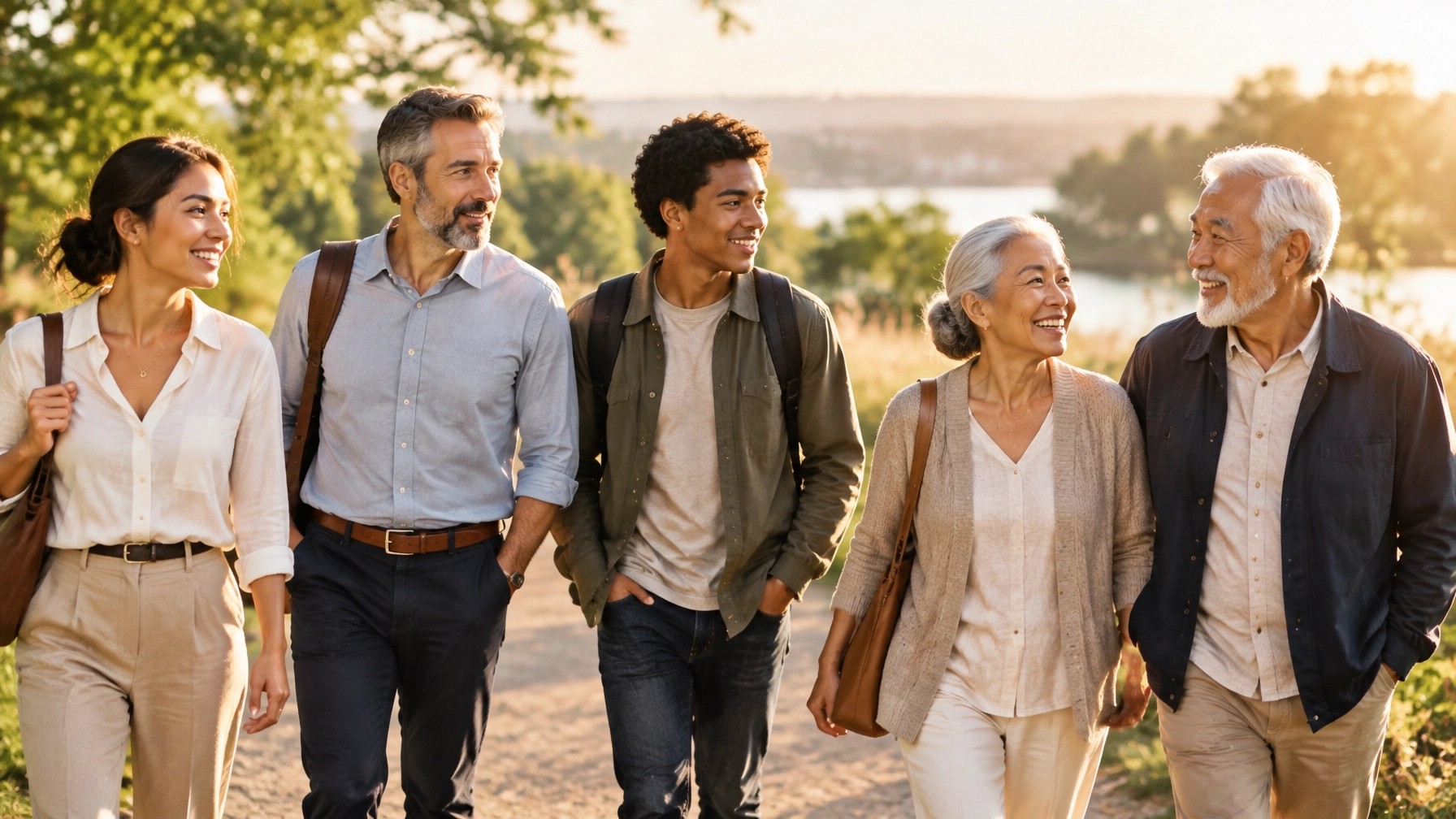 A diverse group of adults walking together along a bright path in warm morning light