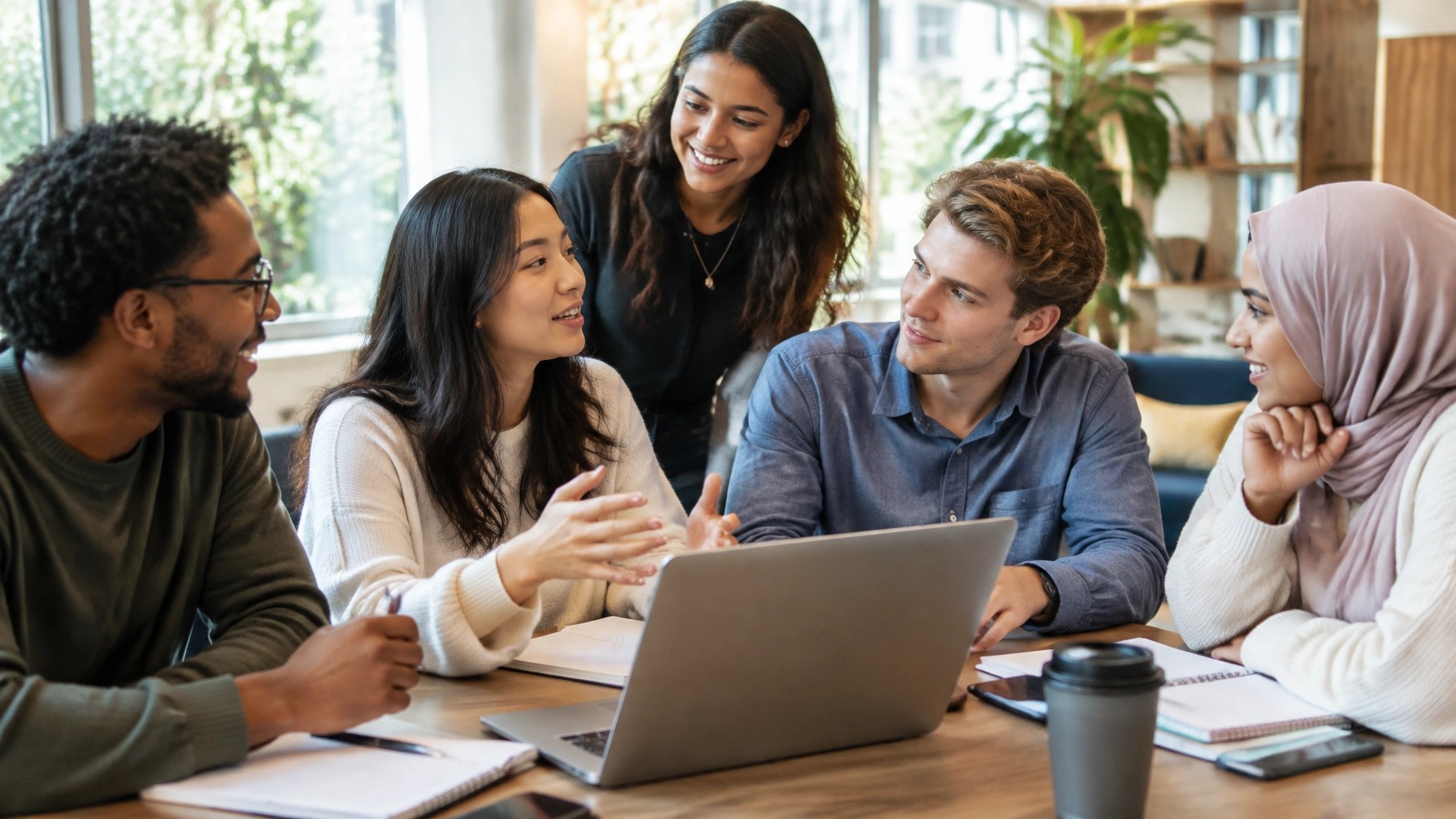 Diverse recent college graduates collaborating in a bright, light-filled professional setting as they discuss their first career steps.