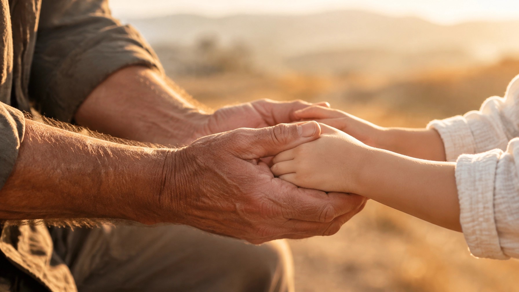 An older man gently holding a child’s hands in warm morning light.