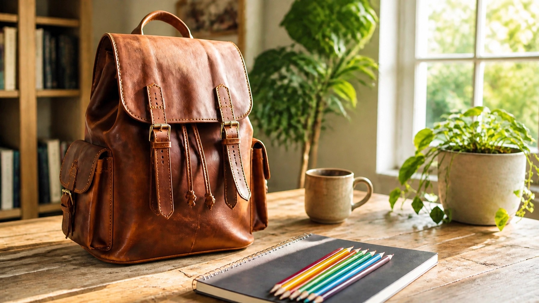 A bright, vibrant backpack and notebook bathed in natural daylight, ready for a new season of intentional living and personal growth.
